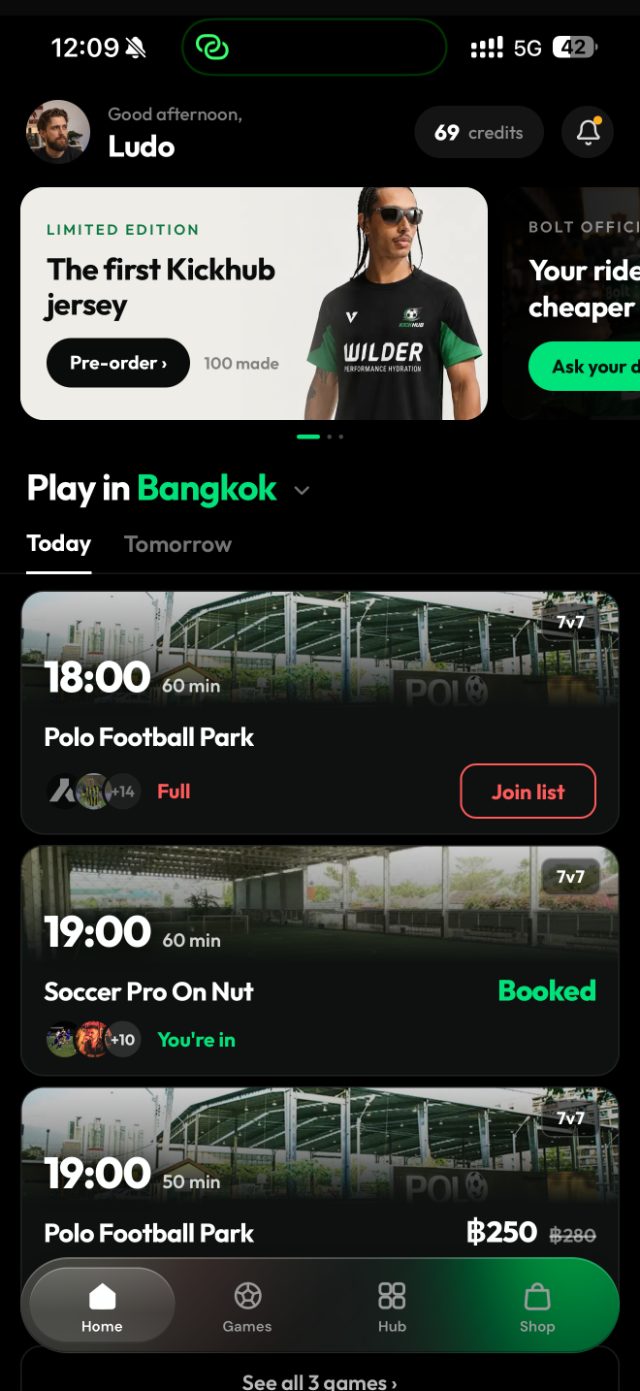 The KickHub app home screen showing games in Bangkok
